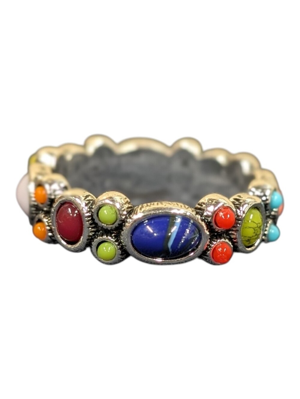 Colorful Multistone Silver Tone Ring - Blue, Red, Green, Orange Size 10 Like New